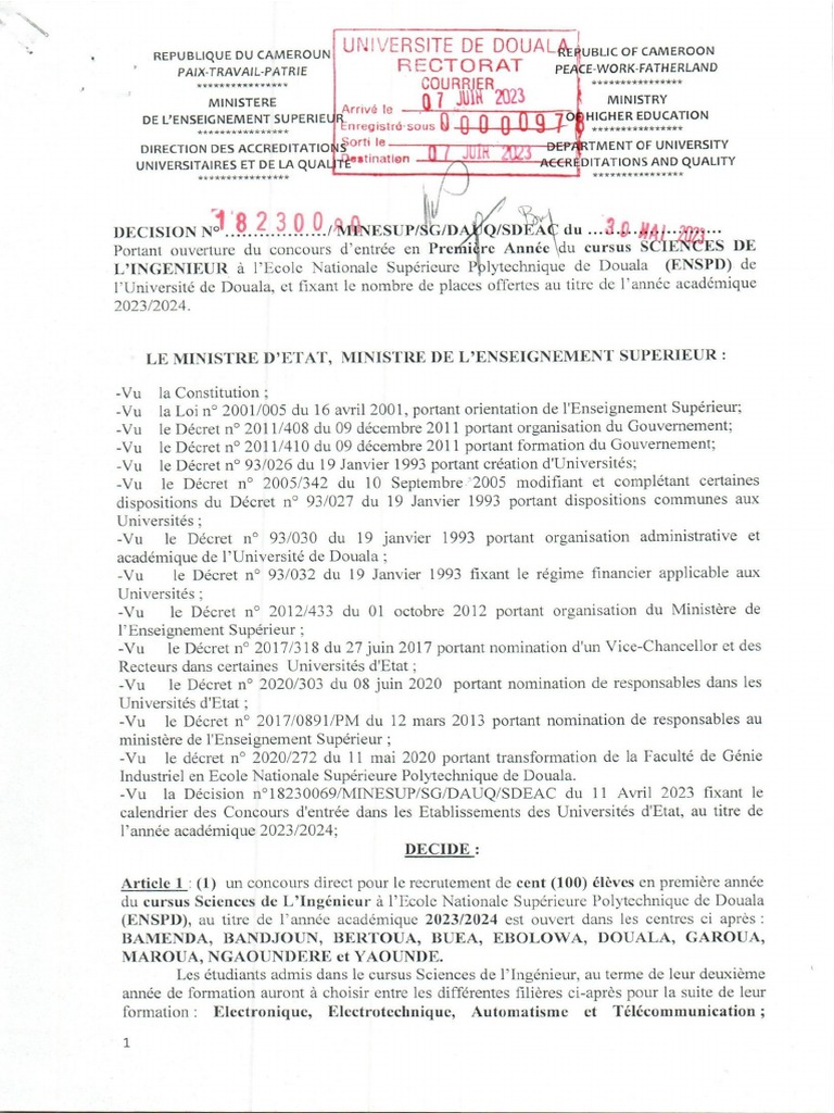 Dec Portant Concours D entr e En 1 me Ann e ENSPD PDF