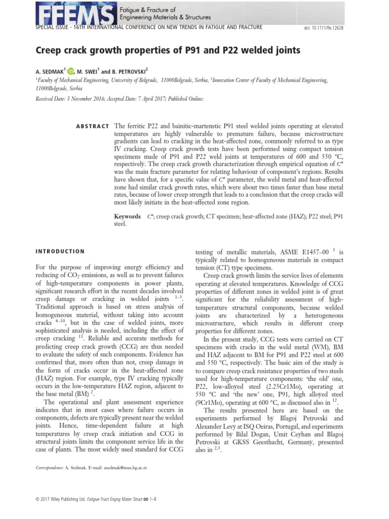 Creep crack growth properties of P91 and P22 welded joints | PDF ...