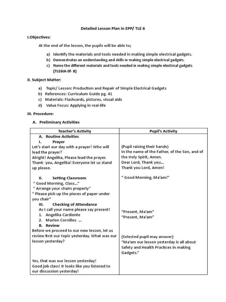Tle Lesson Plan PDF Electrical Connector Manufactured Goods