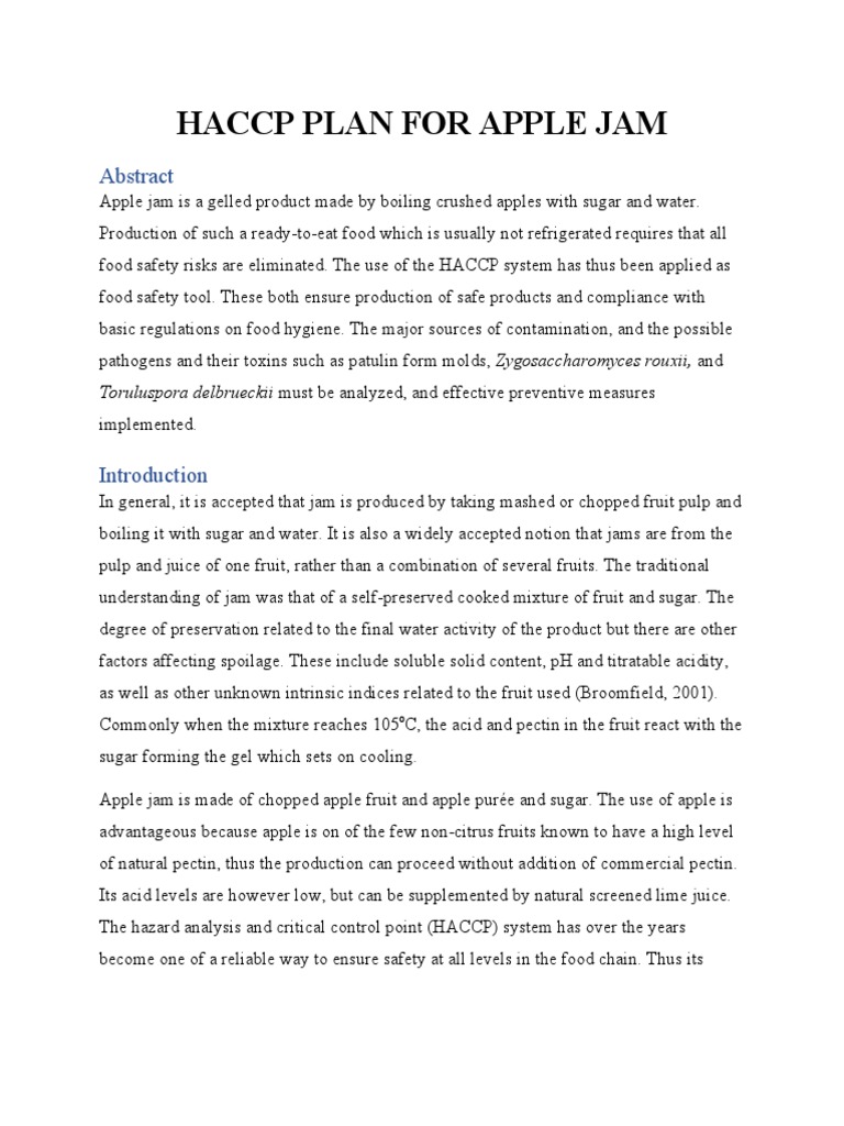 Haccp Plan For Apple Jam PDF Fruit Preserves Hazard Analysis And