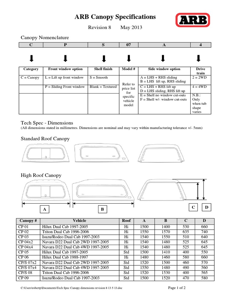 ARB Canopy Specifications Overview | PDF | Pickup Truck | Commercial ...