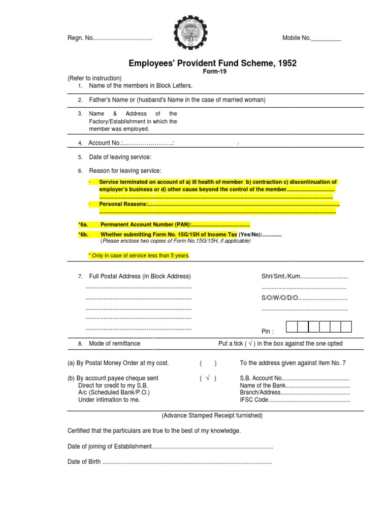Revised PF Withdrawal Form19 PDF Cheque Payments