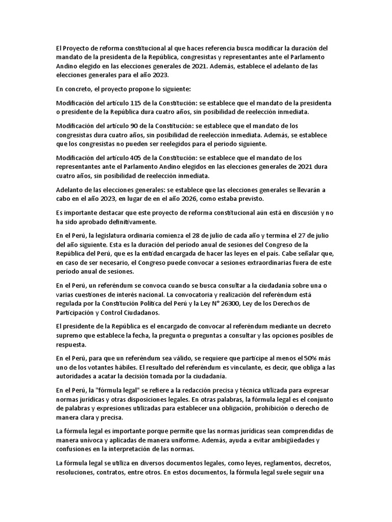 El Proyecto de Reforma Constitucional Al Que Haces Referencia Busca Modificar La Duración Del