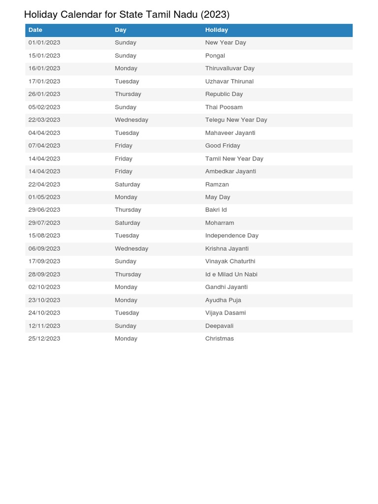Holiday Calendar PDF