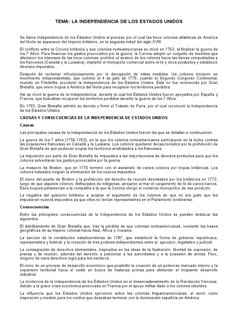La Independencia de Los Estados Unidos - 3° | PDF | Guerra ...