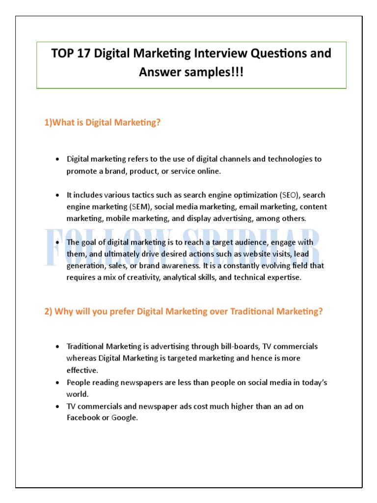 TOP 17 Digital Marketing Interview Questions and Answer Samples