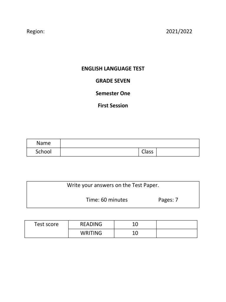 Grade 7 English Language Test 2021 | PDF | Arabic | Linguistics