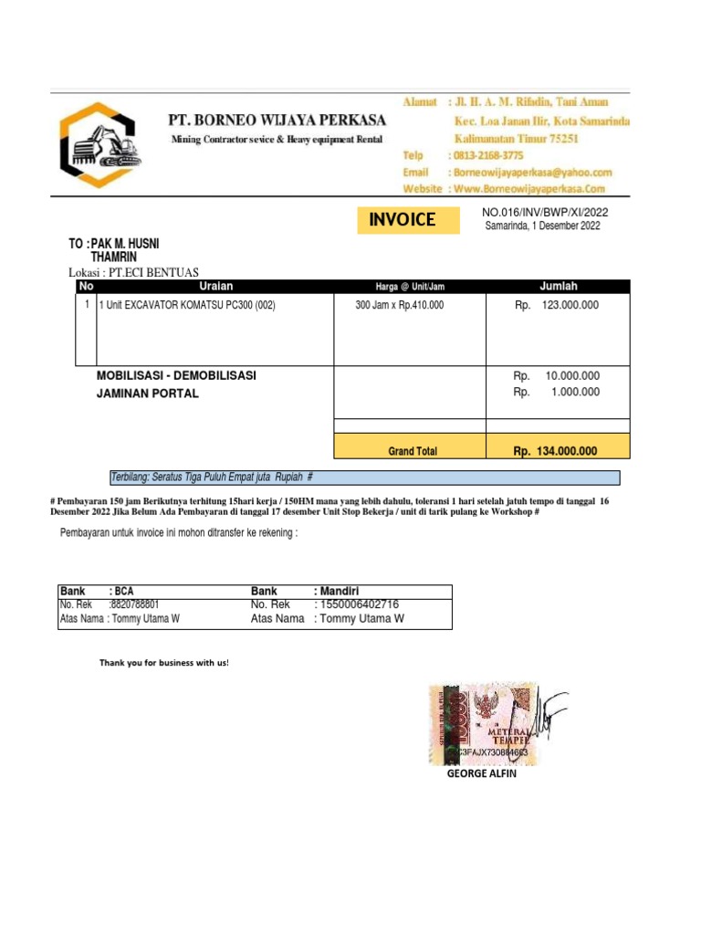 Invoice Sewa Excavator Komatsu 2022 | PDF