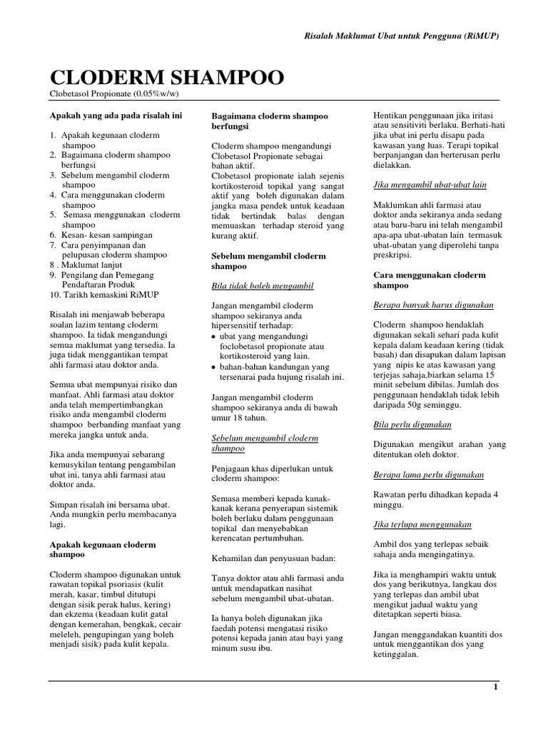 Cloderm Shampoo Clobetasol Propionate HOE PHARMACEUTICALS SDN. BHD ...