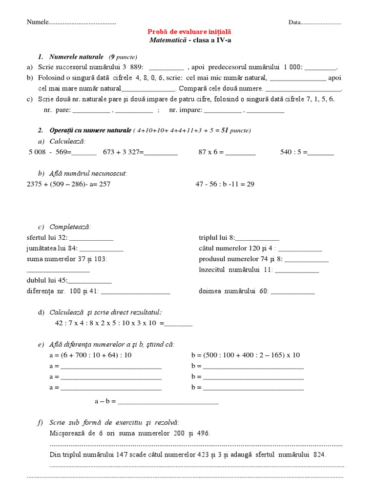 Test Initial Matematica Clasa A IV A | PDF