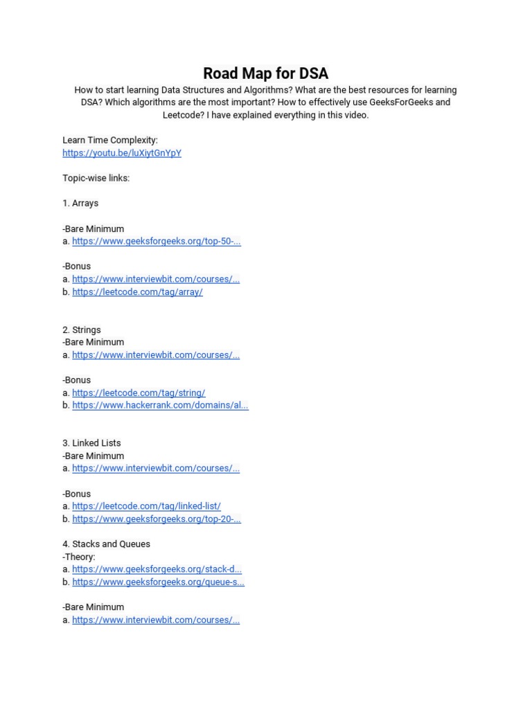 Road Map For DSA | PDF | Algorithms And Data Structures | Applied ...