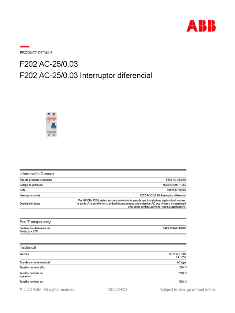 Interruptor Diferencial F202 AC-25/0.03 | PDF | Ciencia de los ...