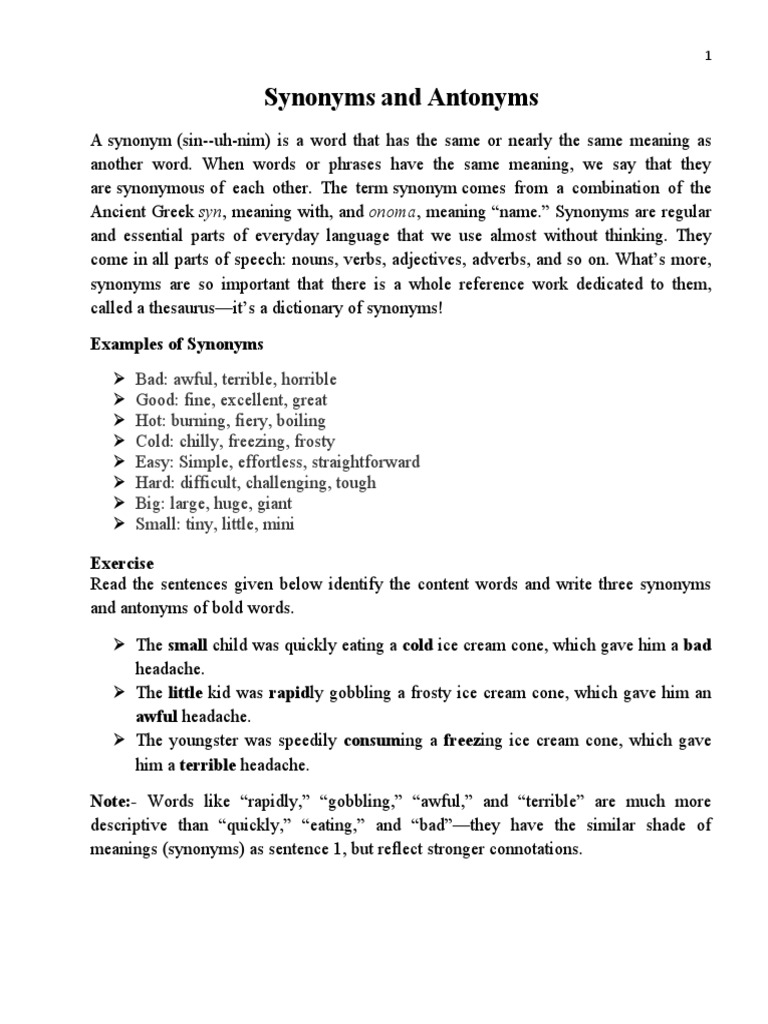 Synonyms and Antonyms PDF Adjective Adverb