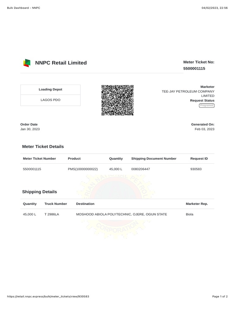 NNPC Bulk Meter Ticket 5500001115 Details | PDF