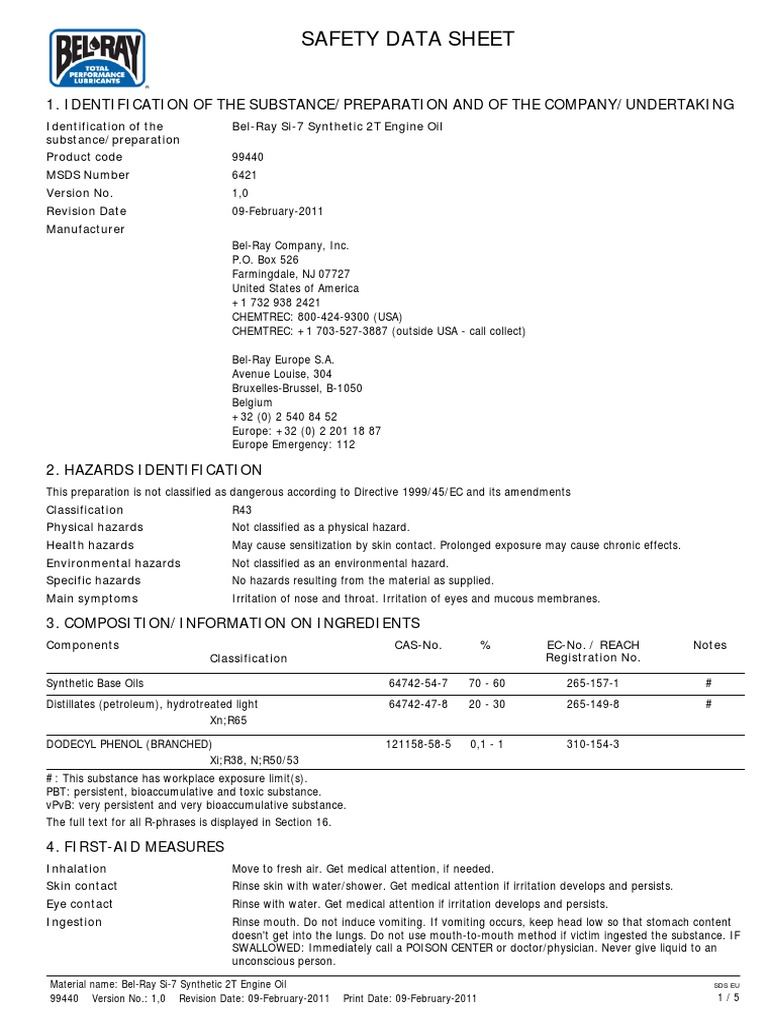 Bel-Ray Si-7 Engine Oil Safety Data Sheet | PDF | Dangerous Goods ...