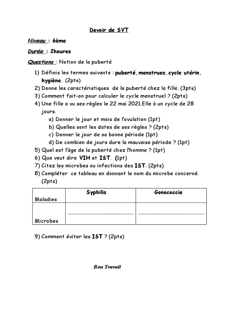 Devoir de SVT 6eme | PDF