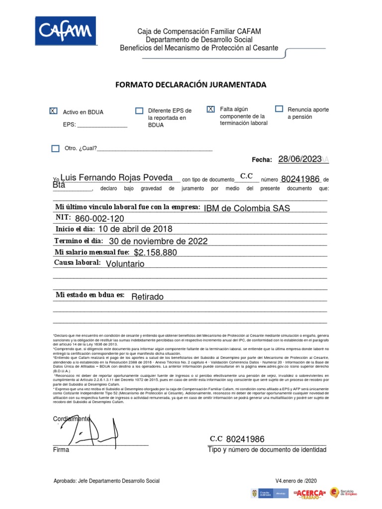 Formato Declaración Juramentada CAFAM | PDF | Pensión