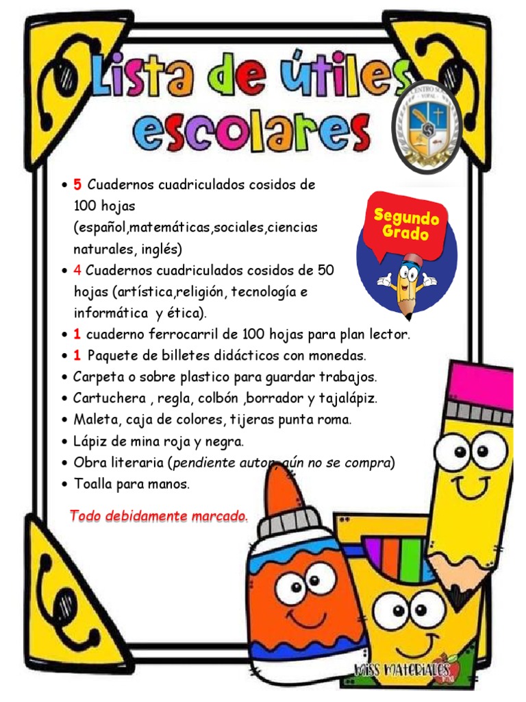 Lista de útiles escolares 2do grado | PDF