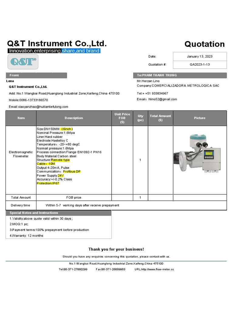 Q - T - Quotation For Magmeter QT-2023-01-13 (SIN PRECIO) | PDF ...