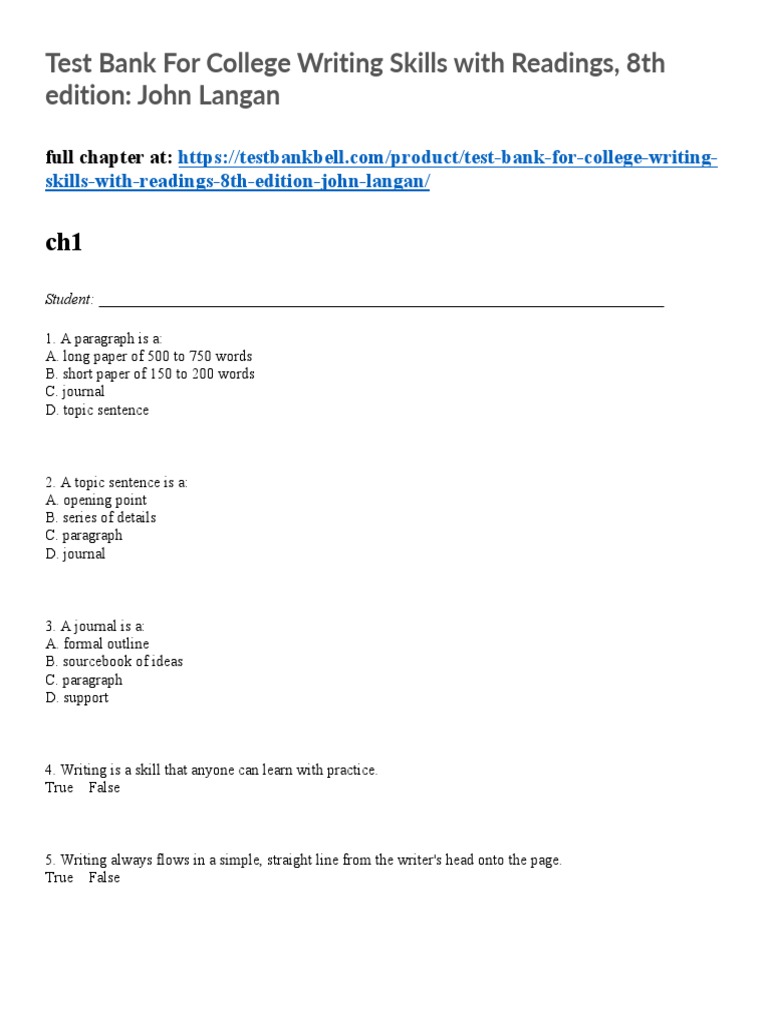 Test bank for college writing skills with readings 8th edition john