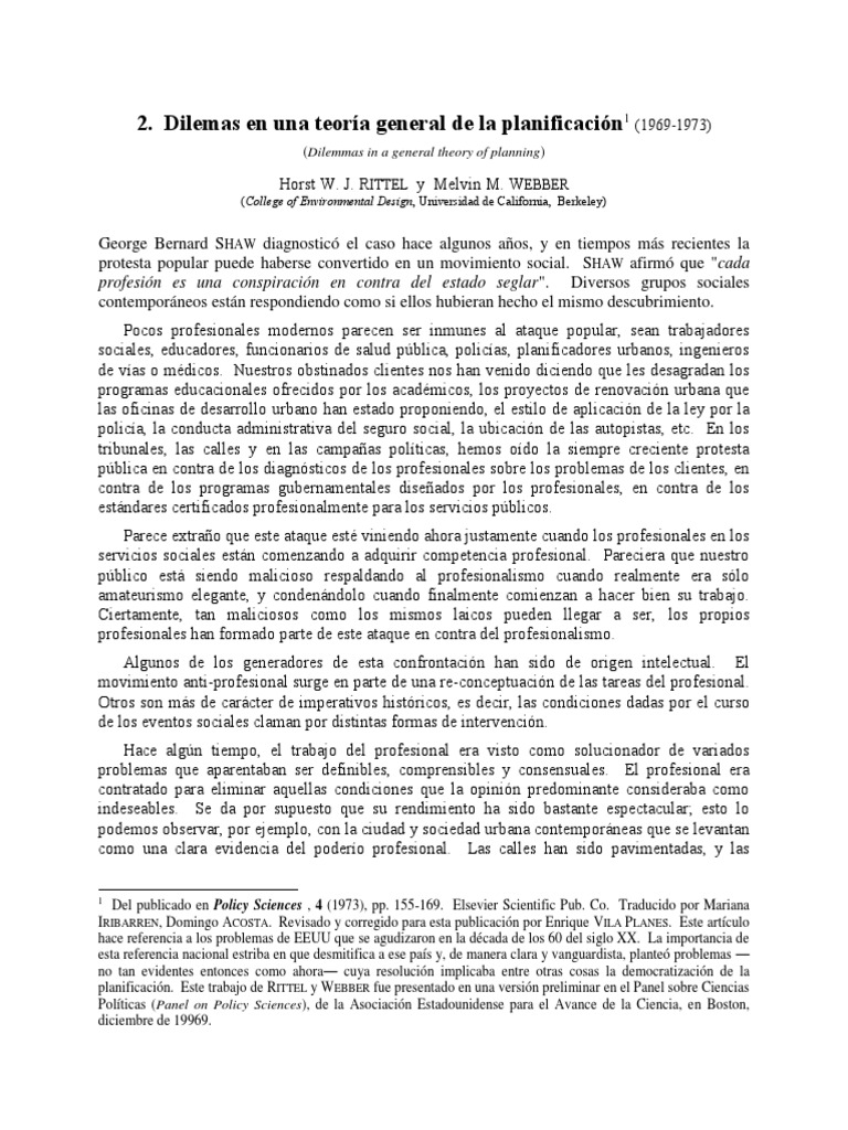 Dilemas en Una Teoría General de La Planificación (Horst RITTEL y
