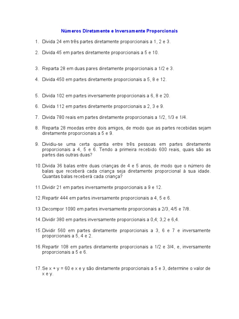 Números Diretamente e Inversamente Proporcionais | PDF