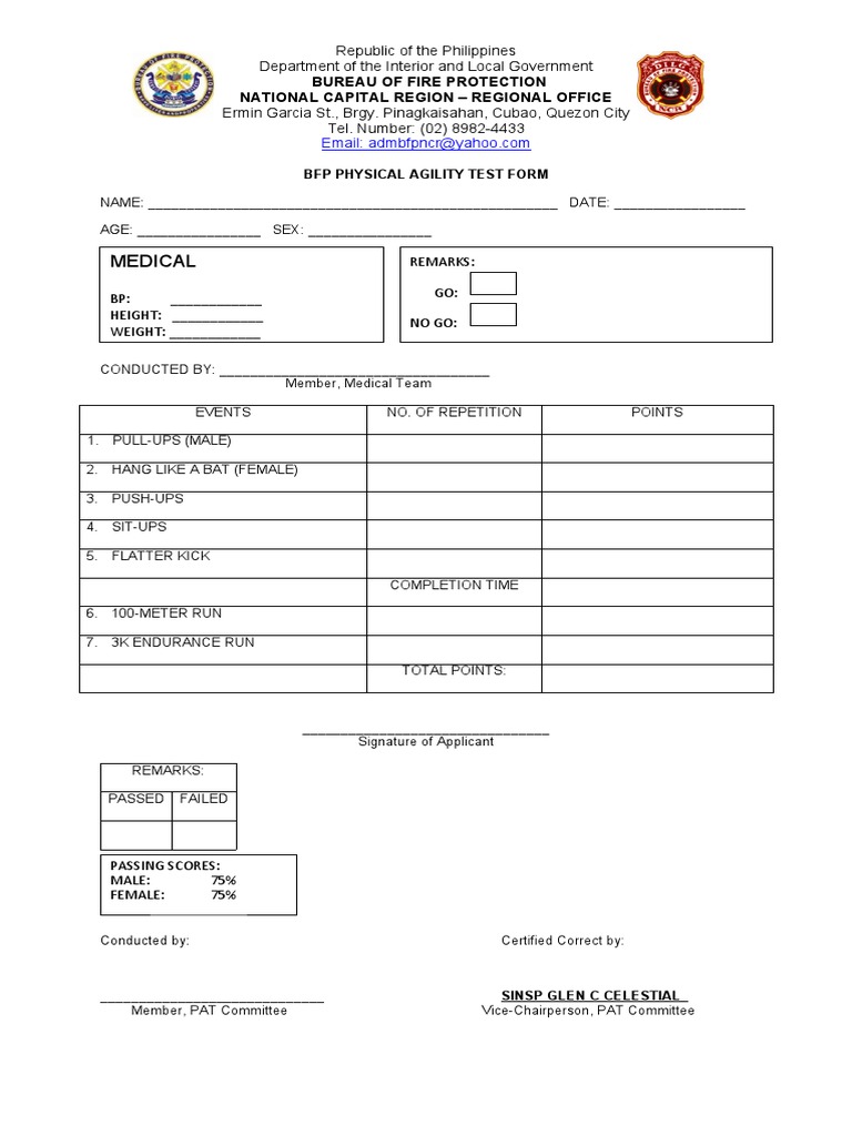 BFP Physical Agility Test Scorecard | PDF