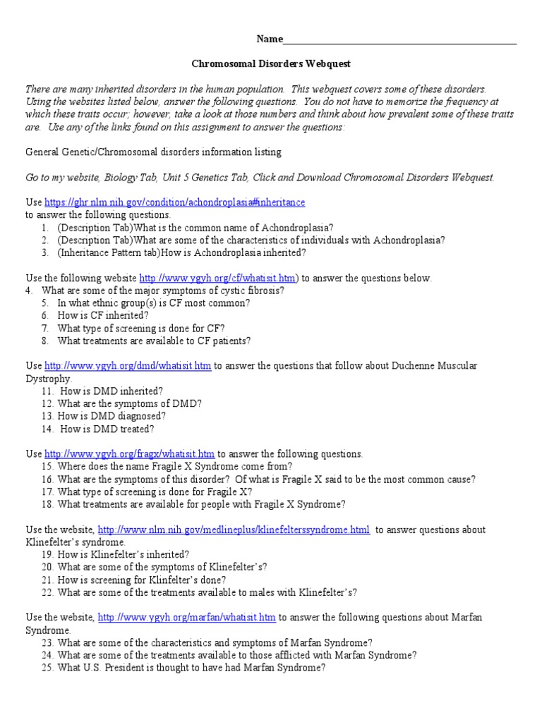 Chromosomaldisorderwebquest PDF Disorder Diseases And