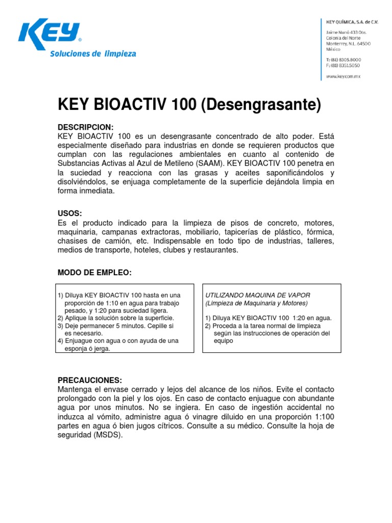 Ficha Tecnica Desengrasante Key HT 224 Bioactiv 100 PDF