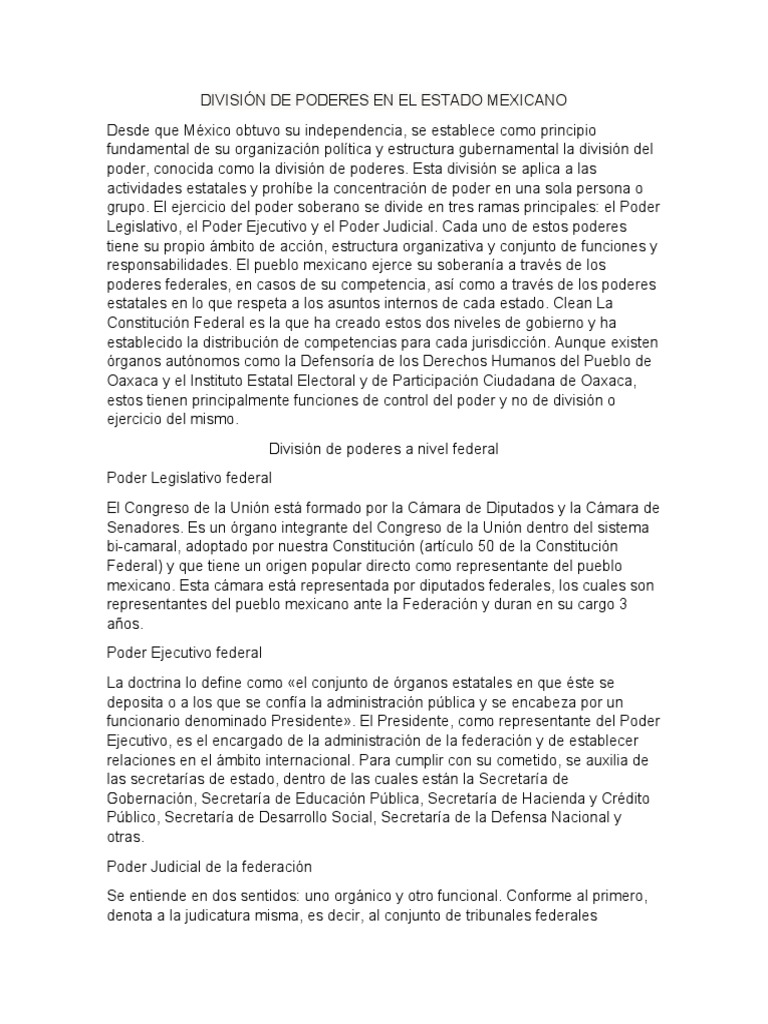 División de Poderes en El Estado Mexicano | PDF | Federación ...