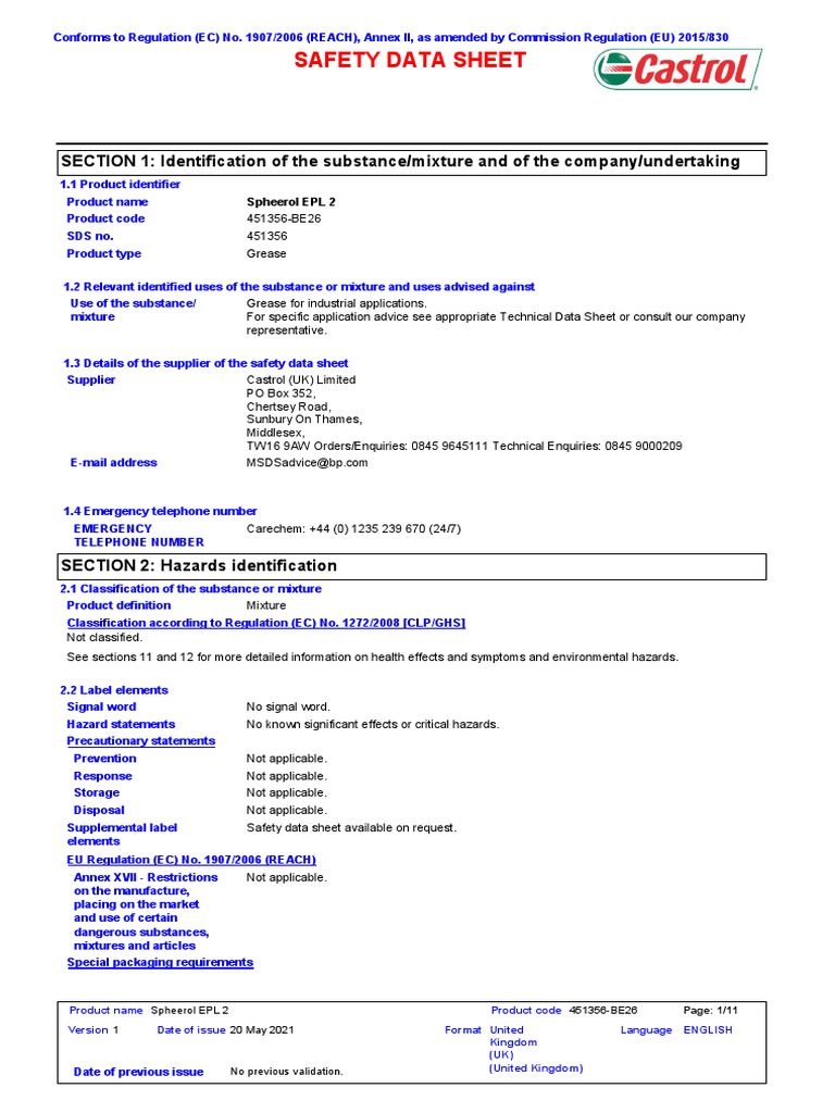 Castrol Grease Epl2 PDF Dangerous Goods Personal Protective Equipment