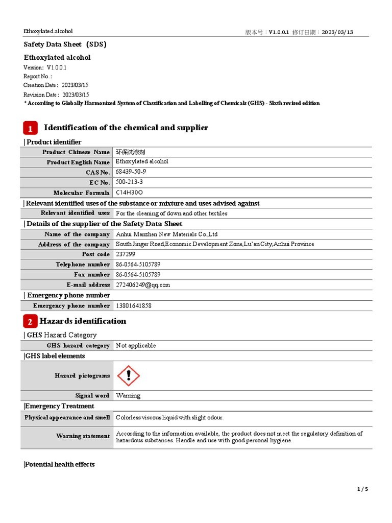 Ethoxylated Alcohol Safety Data Sheet | PDF | Toxicity | Dangerous Goods