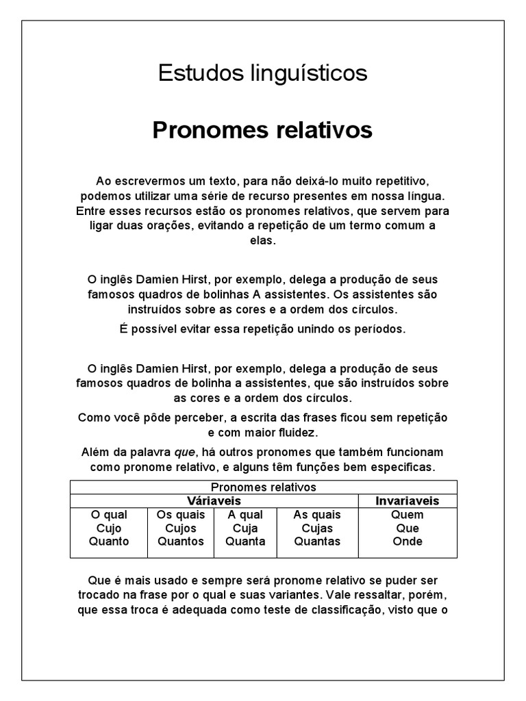 Pronomes Relativos e Orações Subordinadas | PDF | Pronome | Assunto ...