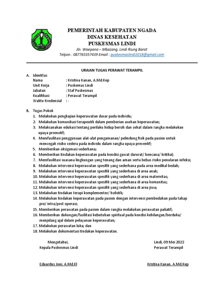 Uraian Tugas Perawat Terampil Puskesmas | PDF