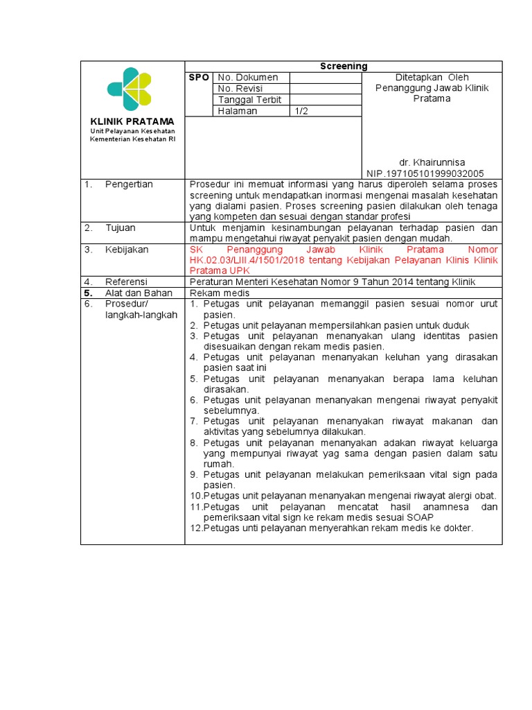 Prosedur Screening Pasien Klinik Pratama | PDF