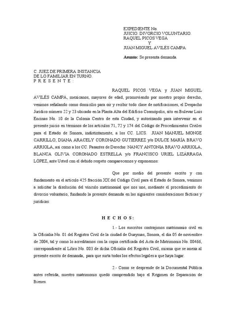 Demanda y Convenio de Divorcio Voluntario | PDF | Divorcio | Demanda