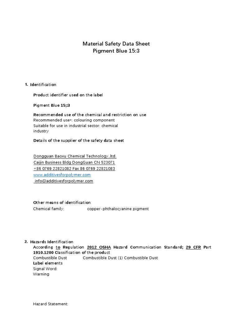 Pigment Blue 15 - 3 K7090 Msds Baoxu Chemical | PDF | Toxicity ...