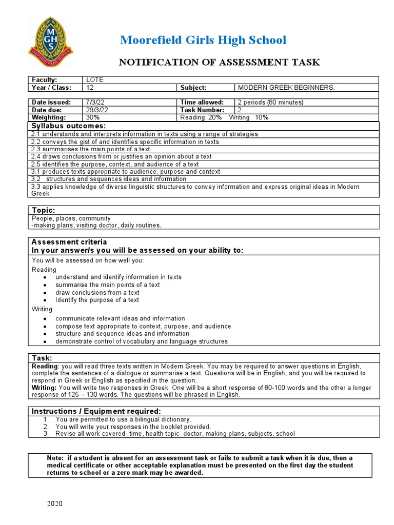 Modern Greek Beginners Task 2 Asess Notif Reading Writing PDF