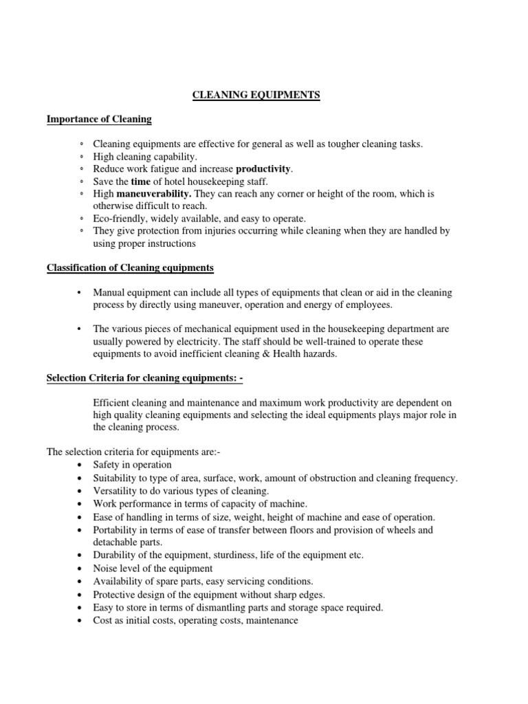 Housekeeping Cleaning Equipment Guide | PDF | Vacuum Cleaner | Materials