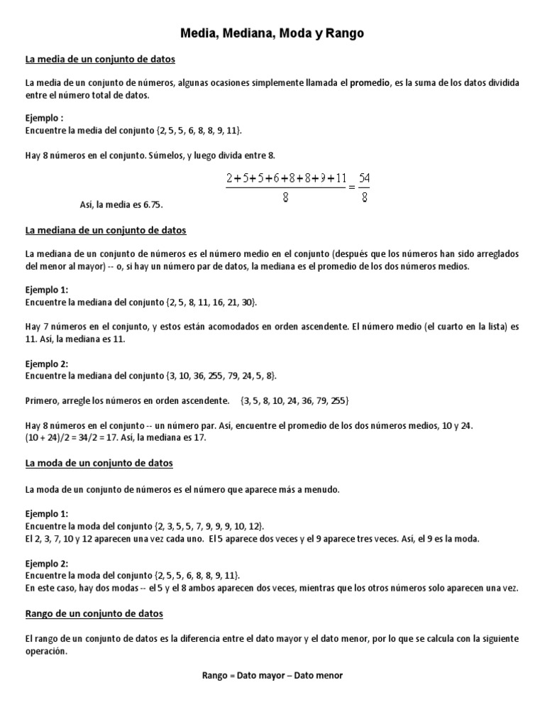Media, Mediana y Moda: Definiciones y Ejemplos | PDF | Métodos y ...