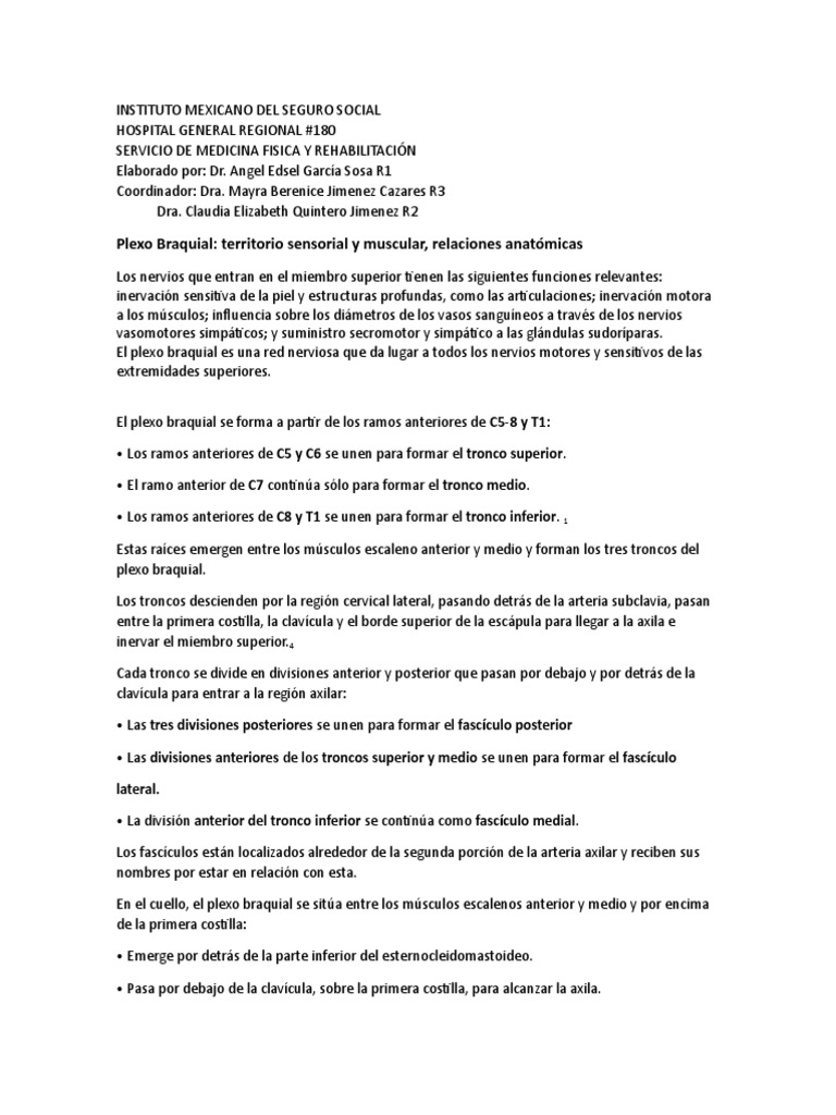 Plexo Braquial Territorio Sensorial Y Muscular Relaciones Anatomicas