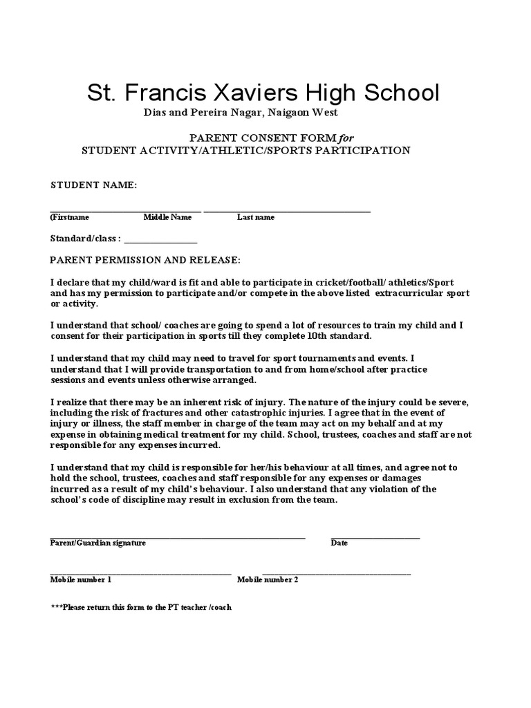 Parent Consent for Sports Participation | PDF | Wellness | Lifestyle