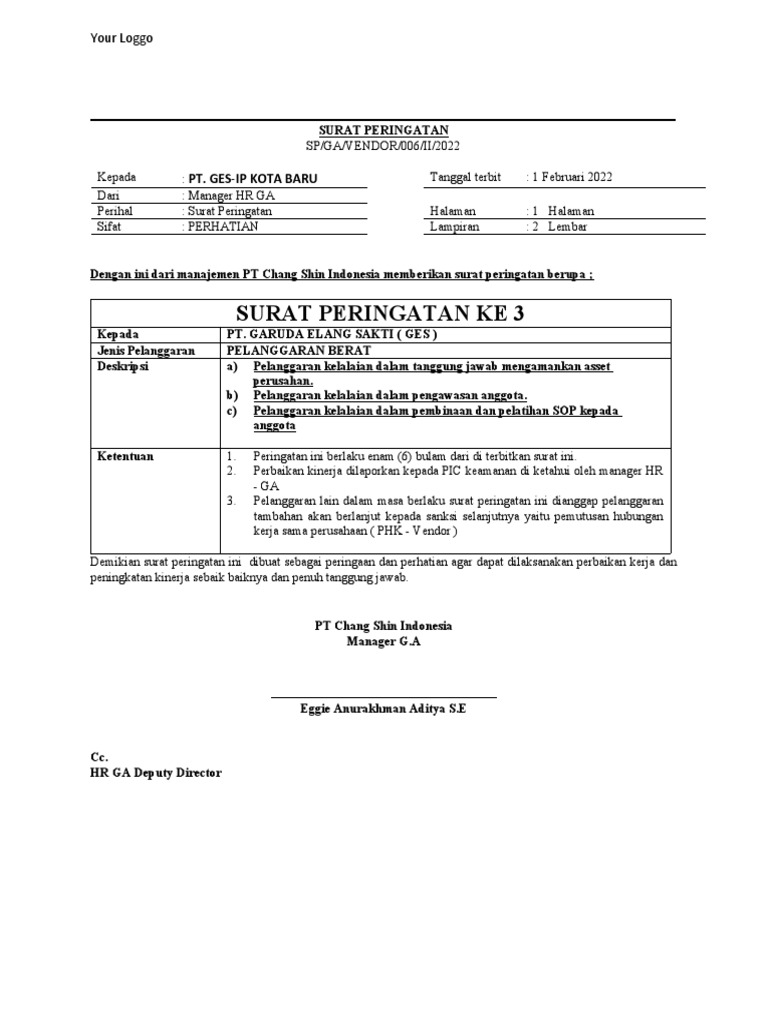 Surat Peringatan Ketiga untuk Vendor | PDF