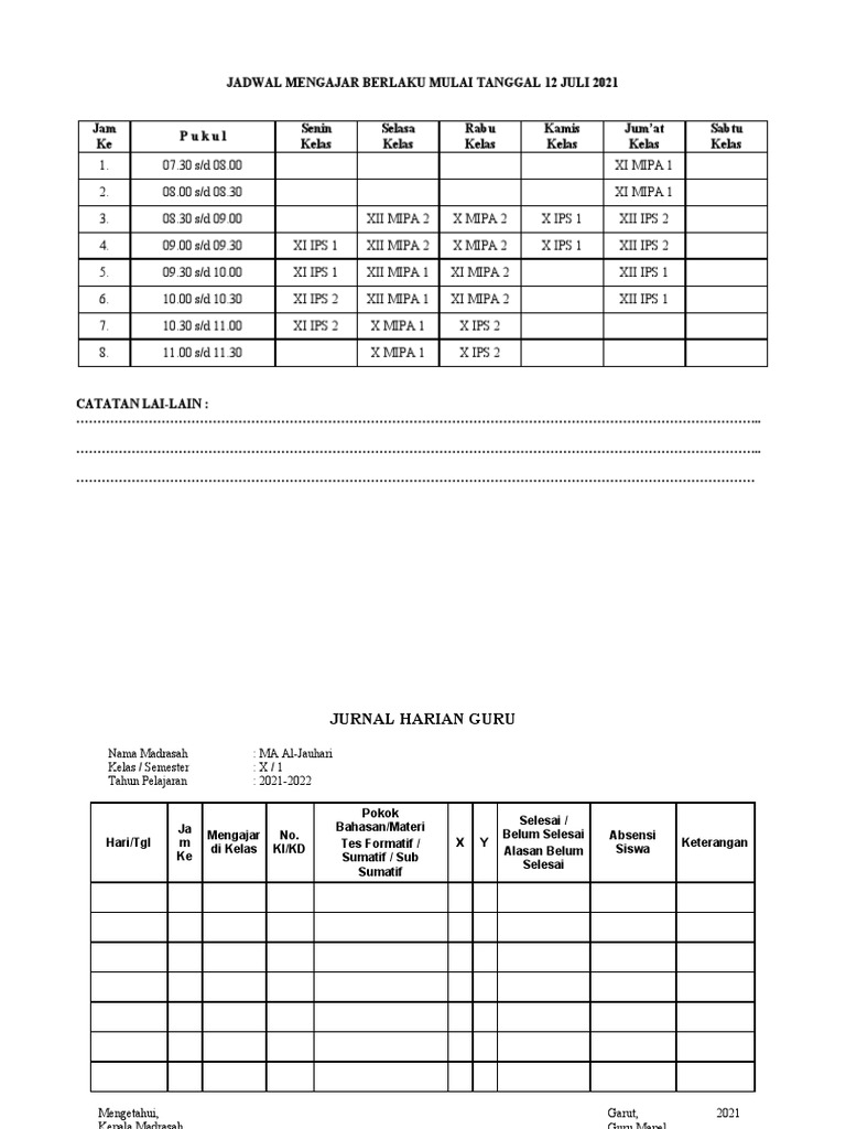 Jurnal Harian Mengajar Guru Mapel | PDF