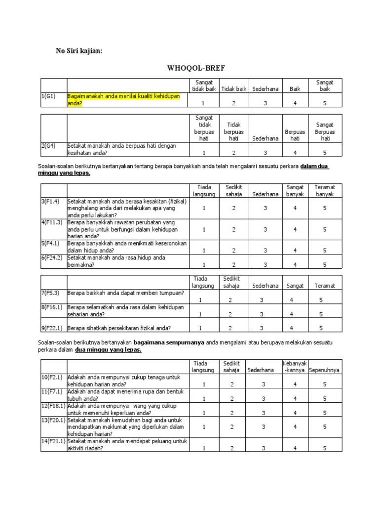 Penilaian Kualiti Hidup WHOQOL-BREF | PDF