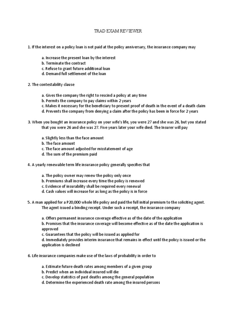 Trad Exam Reviewer | PDF | Insurance | Life Insurance