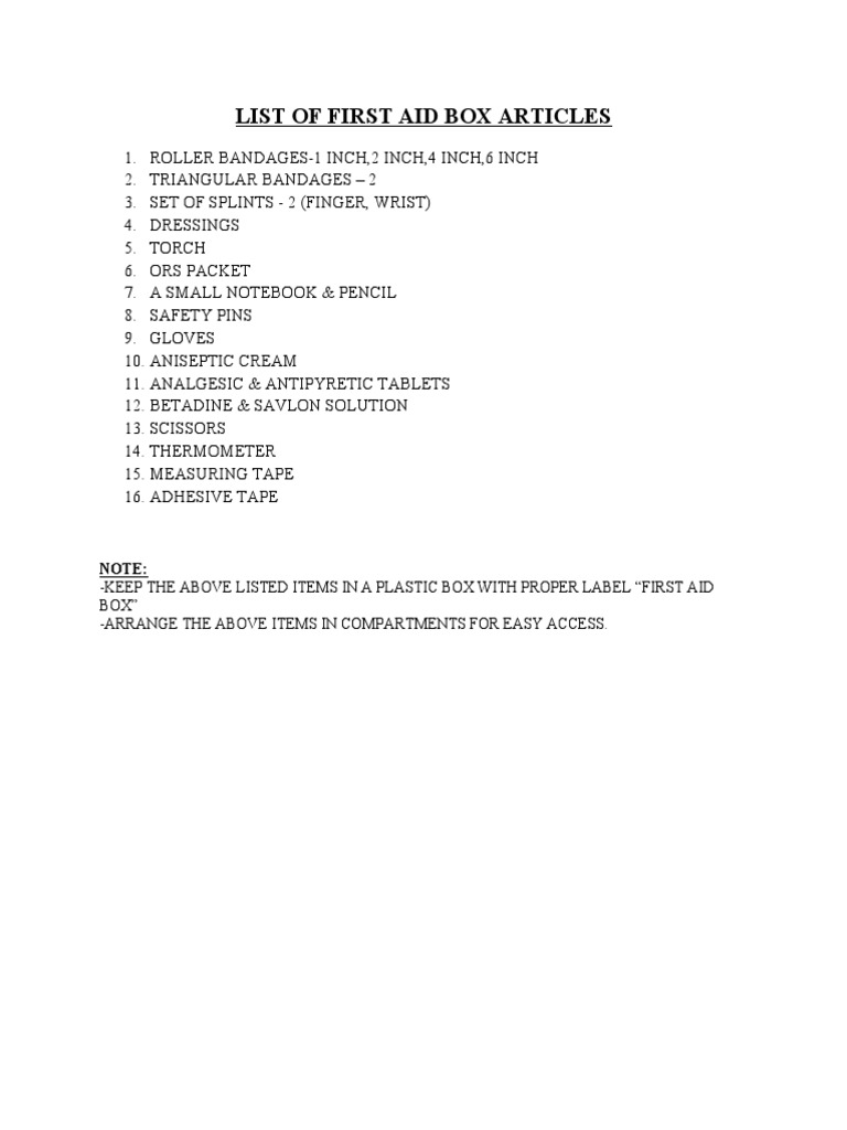 List of First Aid Box Articles PDF