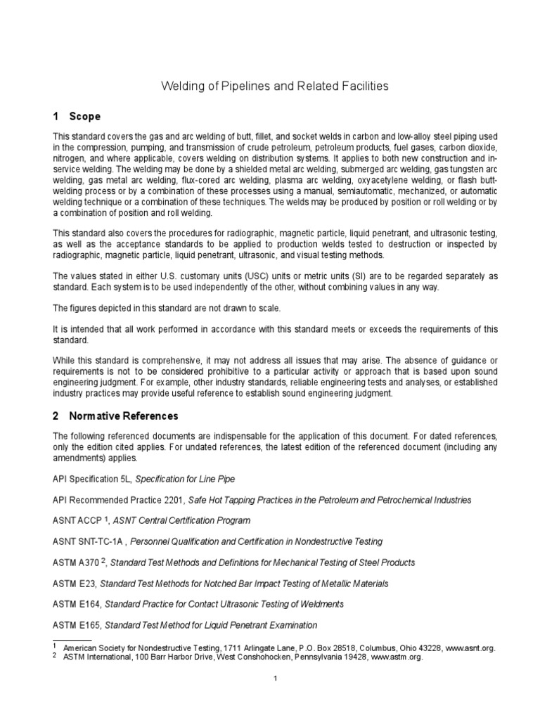 Welding of Pipelines and Related Facilities 1 Scope PDF