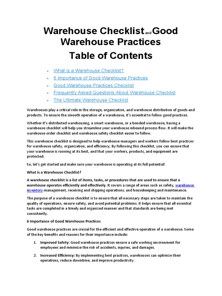 Warehouse Checklist and Good Warehouse Practices PDF Warehouse
