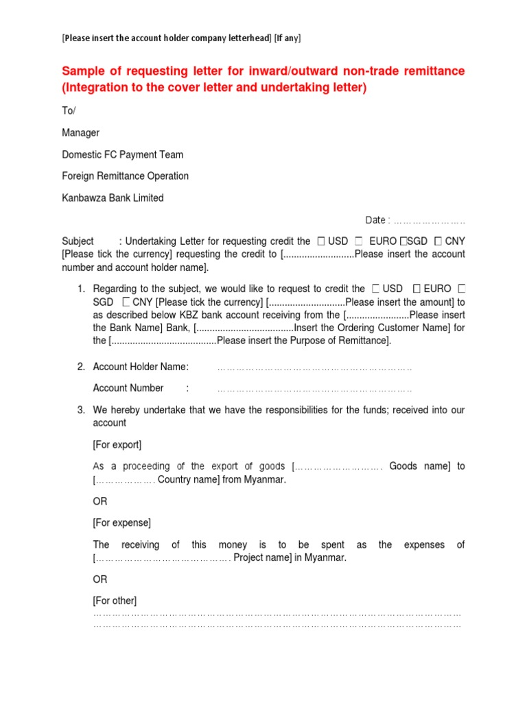 Inward/Outward Remittance Request Letter | PDF | Indemnity | Economies